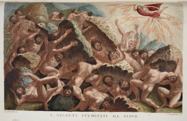 Krieg der Giganten gegen Jupiter oder I Giganti Fulminati da Giove, Buch I, Illustration aus Ovids Metamorphosen, Florenz, 1832